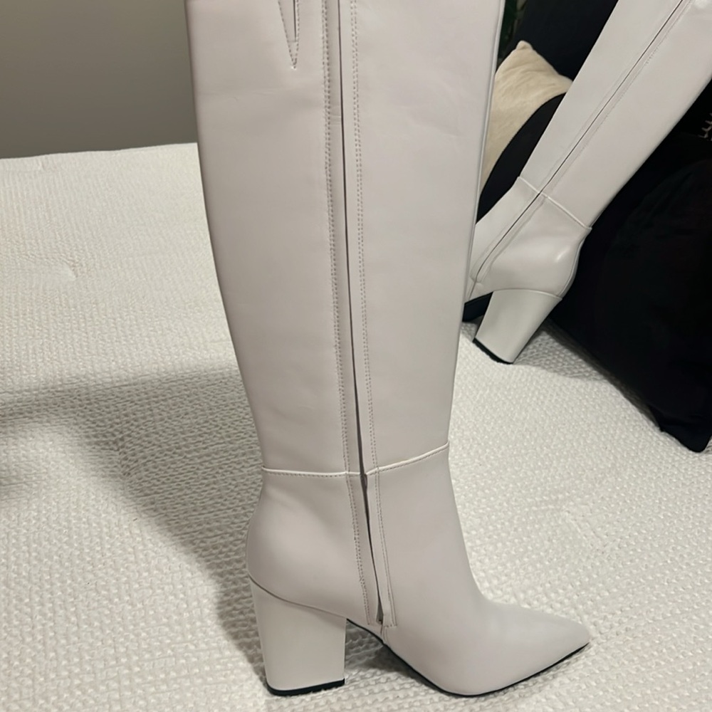 Nine West “Gabal” White Leather Tall Block Heel Pointy Toe Boots Size 7 NEW - Picture 11 of 16